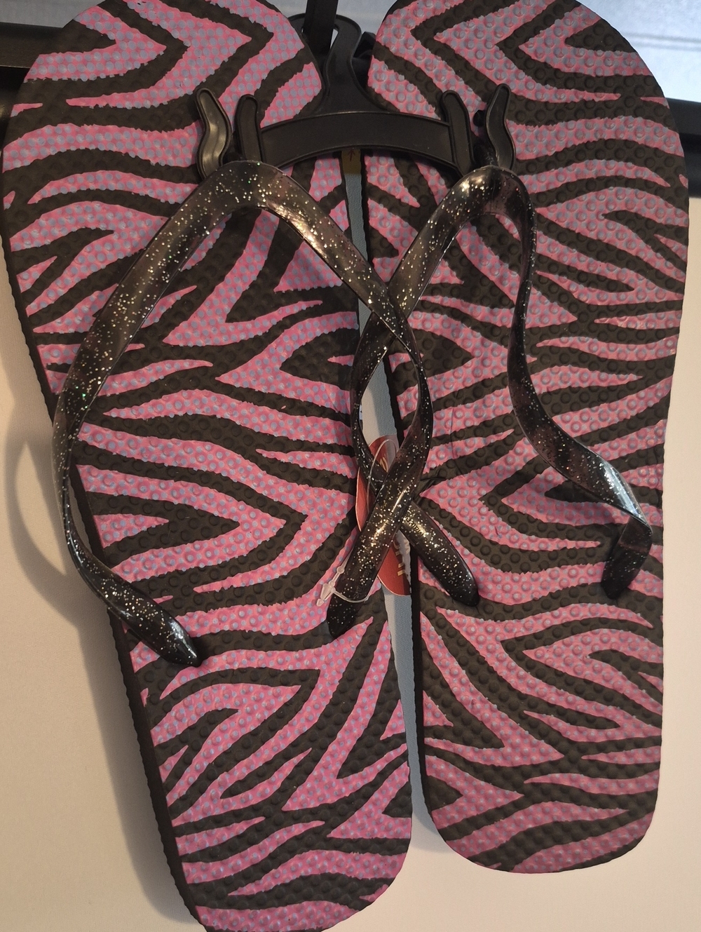 Women’s Pink Zebra Print Flip Flop Sandals with Sparkle Straps